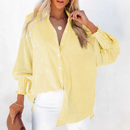 Women's Striped Print Button Front Frill Trim Raglan Sleeve Pocket Design Shirt Blouse