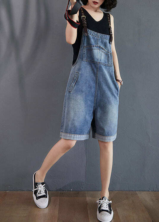 French Blue Pockets Denim Overalls Jumpsuit Summer