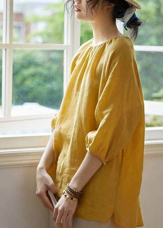 Elegant Yellow O-Neck Embroidered Patchwork Solid Linen Shirt Spring