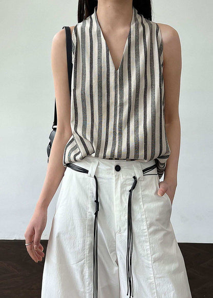 Women Black V Neck Striped Cotton Top Sleeveless