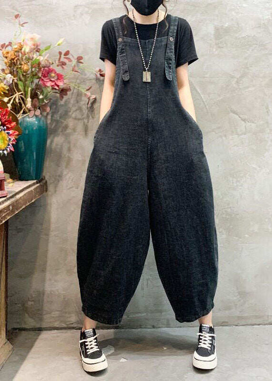 Women Black Pockets Plus Size Denim Jumpsuits Summer