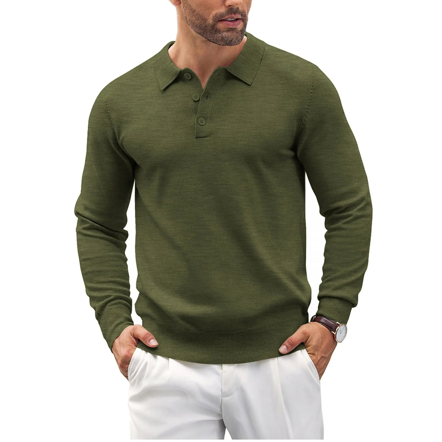 Men's Long Sleeve Knit Polo - Casual Button Down Golf Shirts for Men Formal Quarter