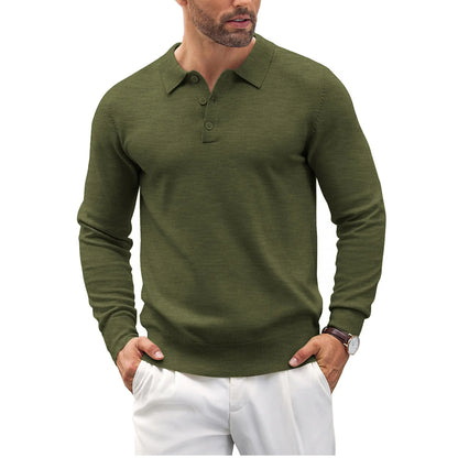 Men's Long Sleeve Knit Polo - Casual Button Down Golf Shirts for Men Formal Quarter