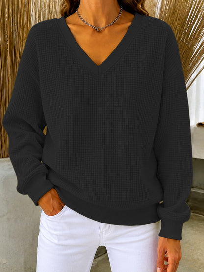CLEARANCE SALE🔥Women's V‑Neck Waffle Knit Sweatshirt, Loose Long Sleeve Casual Blouse