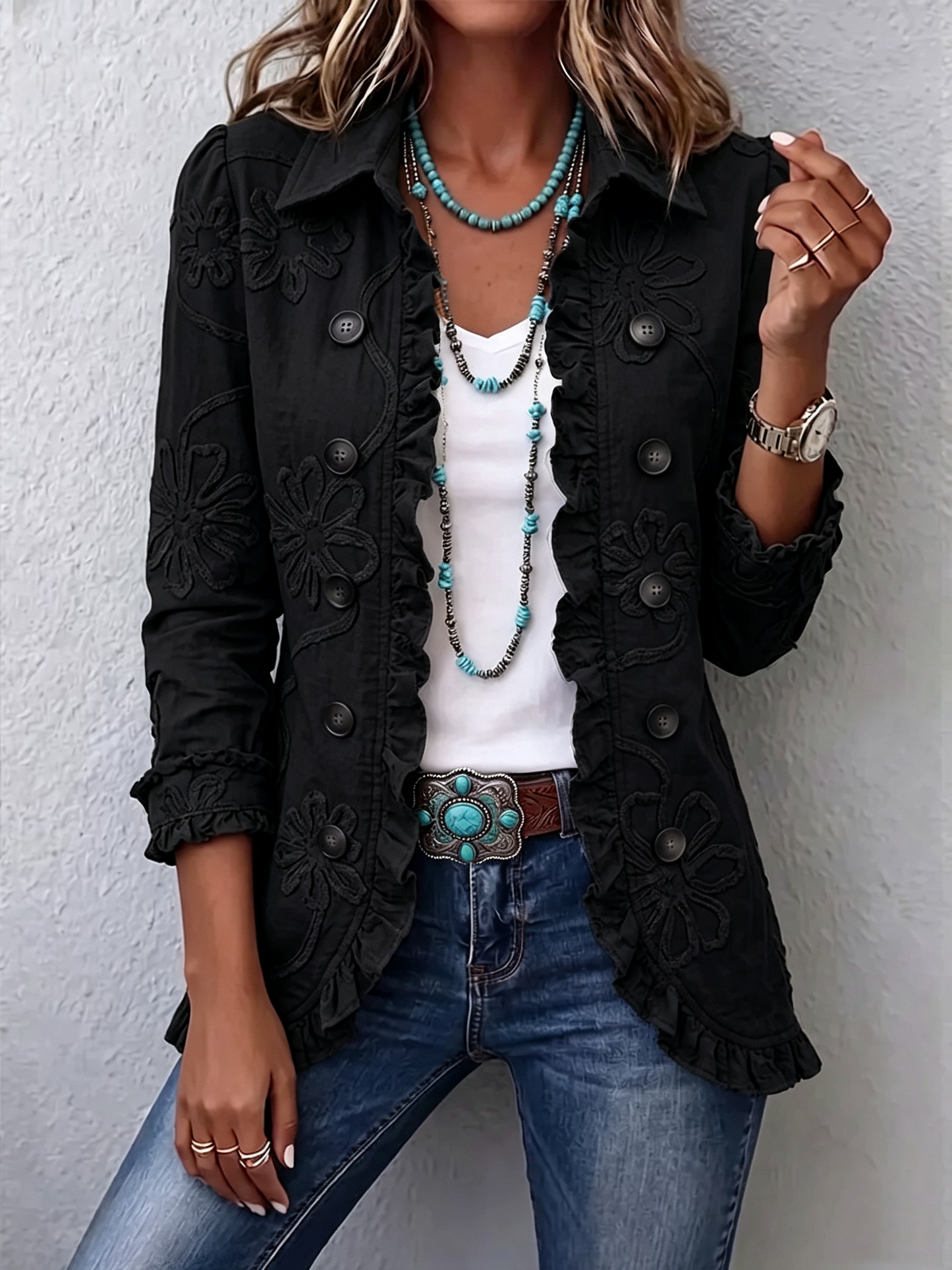 💝💝Boho-Chic Floral Embroidered Utility Ruffled Trim Jacket