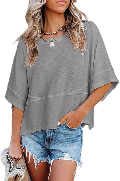 CLEARANCE SALE🔥Women's Summer Casual T-Shirts Loose Fit Crewneck 3/4 Sleeve Tops