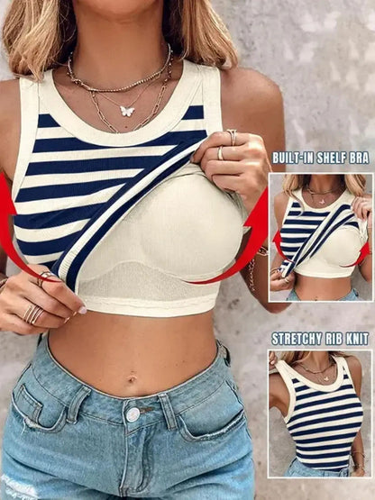 Round Neck Built-in Bra Ribbed Tank Top
