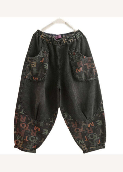Vintage Black Pockets Graphic Print Denim Harem Pants Spring