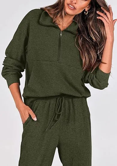 Women's 2 set Sweatsuits Long Sleeve Half Zip Pullover Sweatshirt