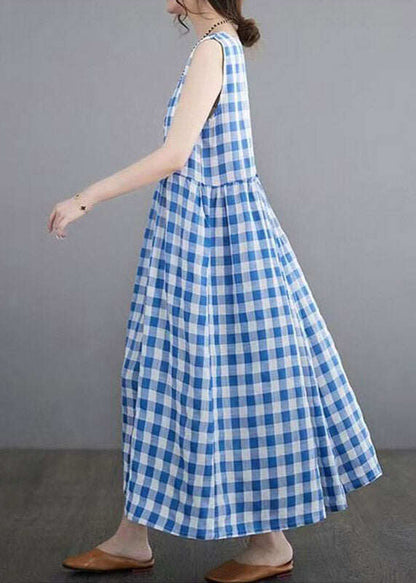Women Blue Plaid Patchwork Maxi Dresses Sleeveless