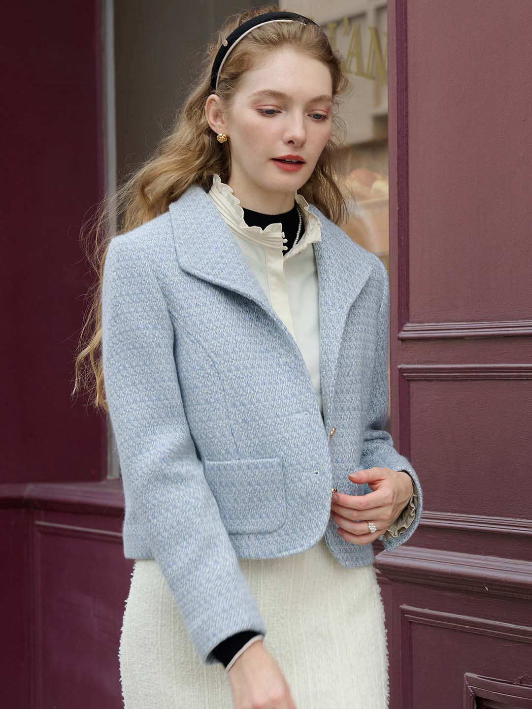 Simple Lapel Tweed Baby Blue Jacket