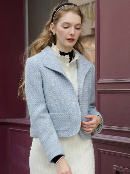 Simple Lapel Tweed Baby Blue Jacket