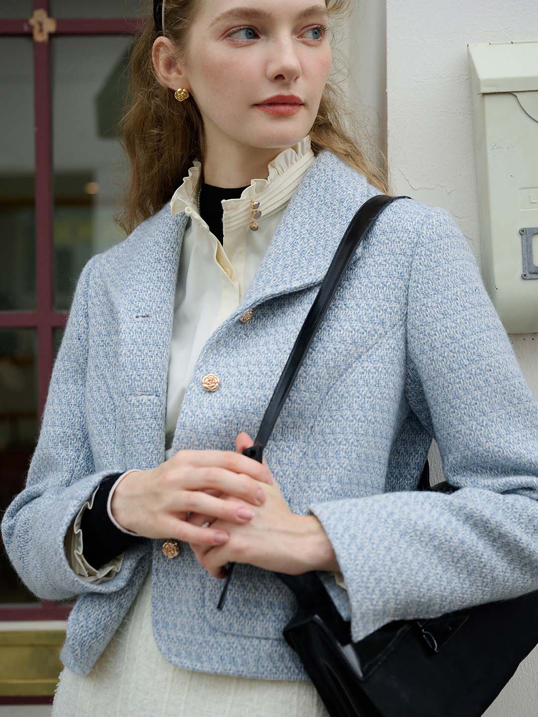 Simple Lapel Tweed Baby Blue Jacket