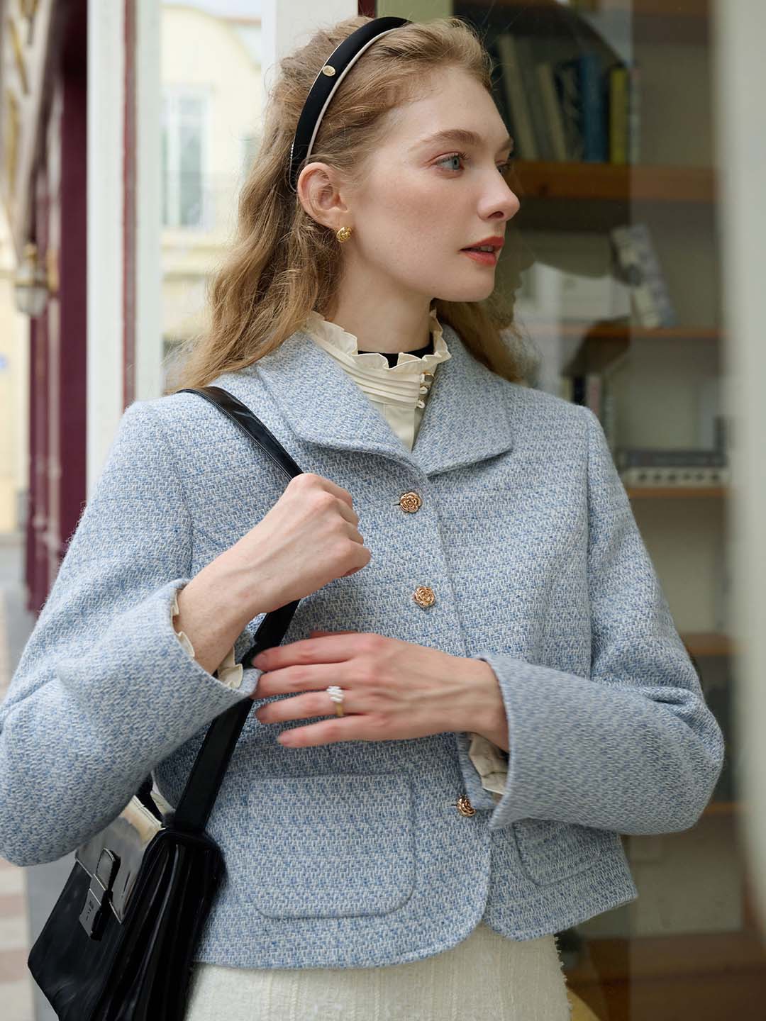 Simple Lapel Tweed Baby Blue Jacket