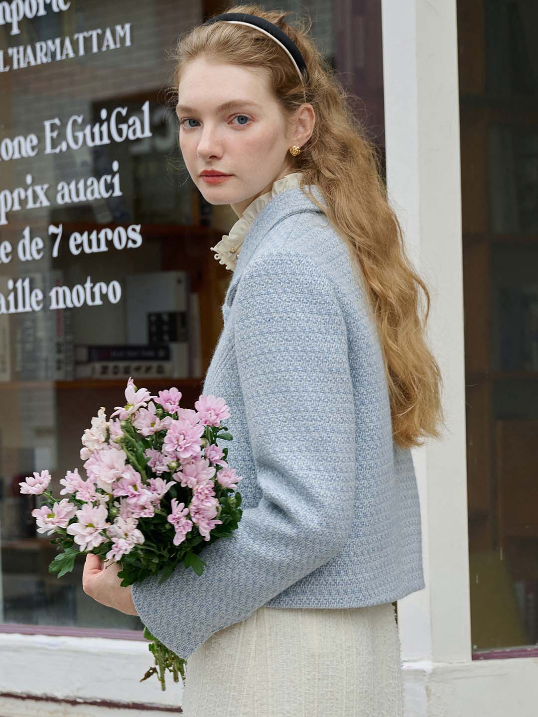 Simple Lapel Tweed Baby Blue Jacket