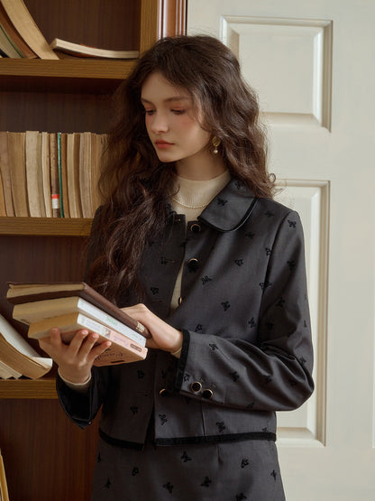 Vintage Peter Pan Collar Butterfly Flocking Pocket Jacket