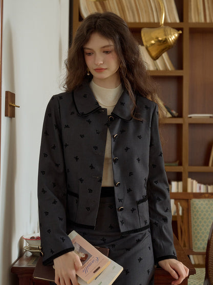 Vintage Peter Pan Collar Butterfly Flocking Pocket Jacket