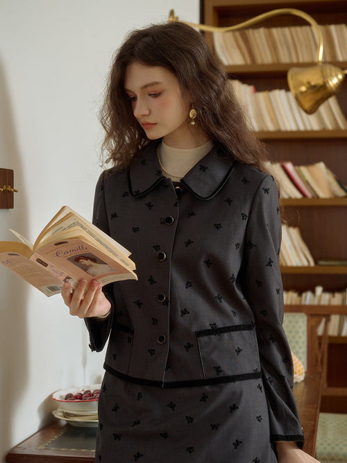 Vintage Peter Pan Collar Butterfly Flocking Pocket Jacket