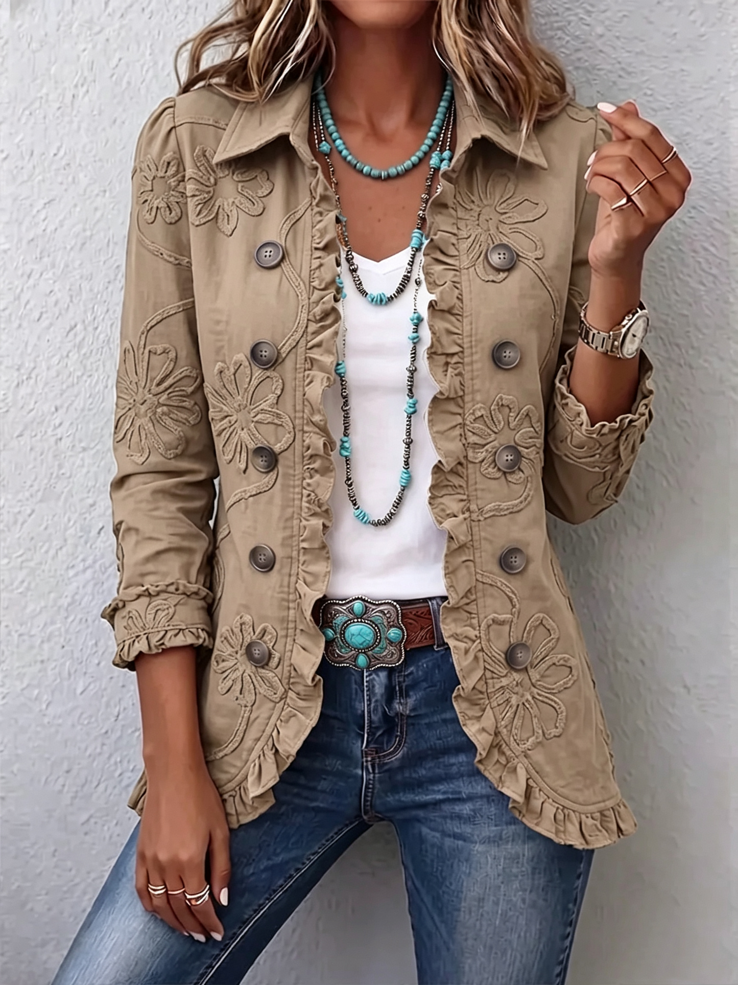 💝💝Boho-Chic Floral Embroidered Utility Ruffled Trim Jacket