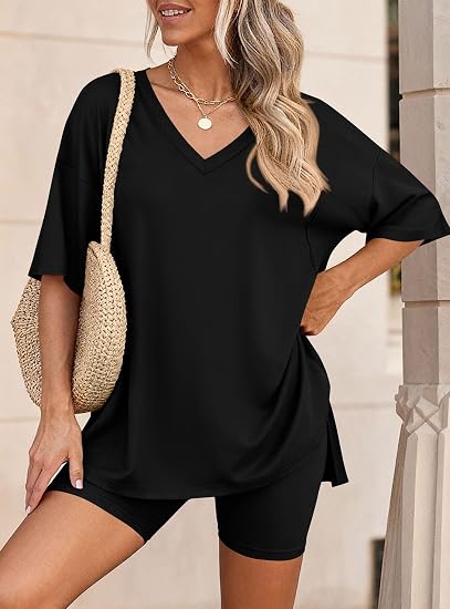 V Neck Oversized Shirt&Biker Shorts Set