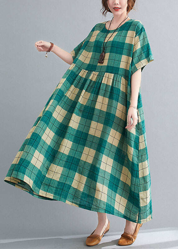Loose Green Plaid Wrinkled Patchwork Long Dresses Summer