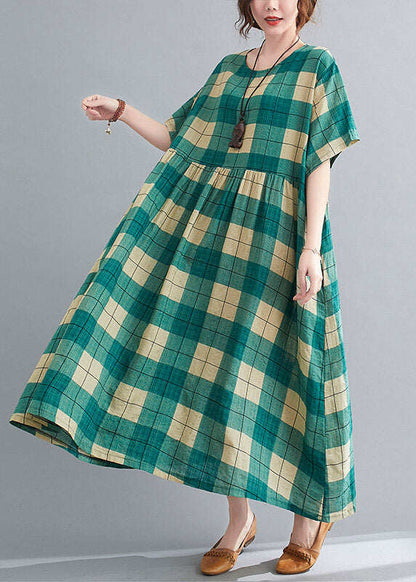 Loose Green Plaid Wrinkled Patchwork Long Dresses Summer