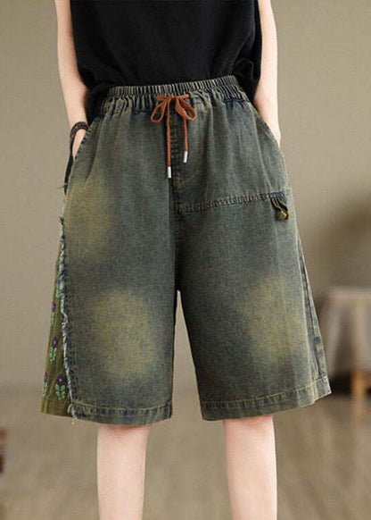 Summer Loose Casual Embroidered Elastic Waist Denim Shorts