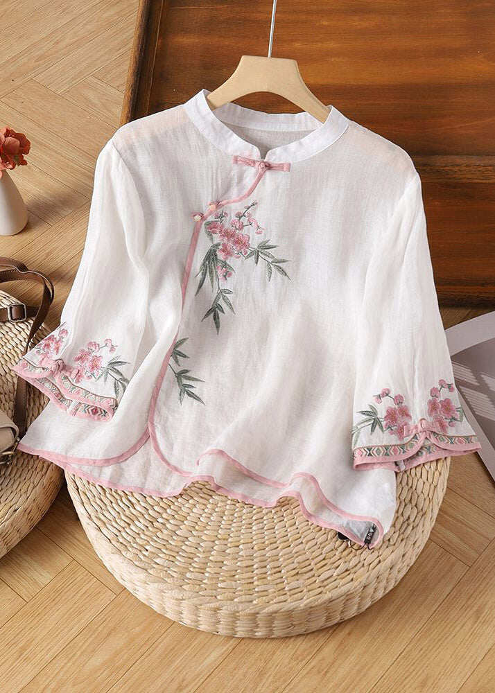 Chinese Style Apricot Stand Collar Embroidered Tops Spring