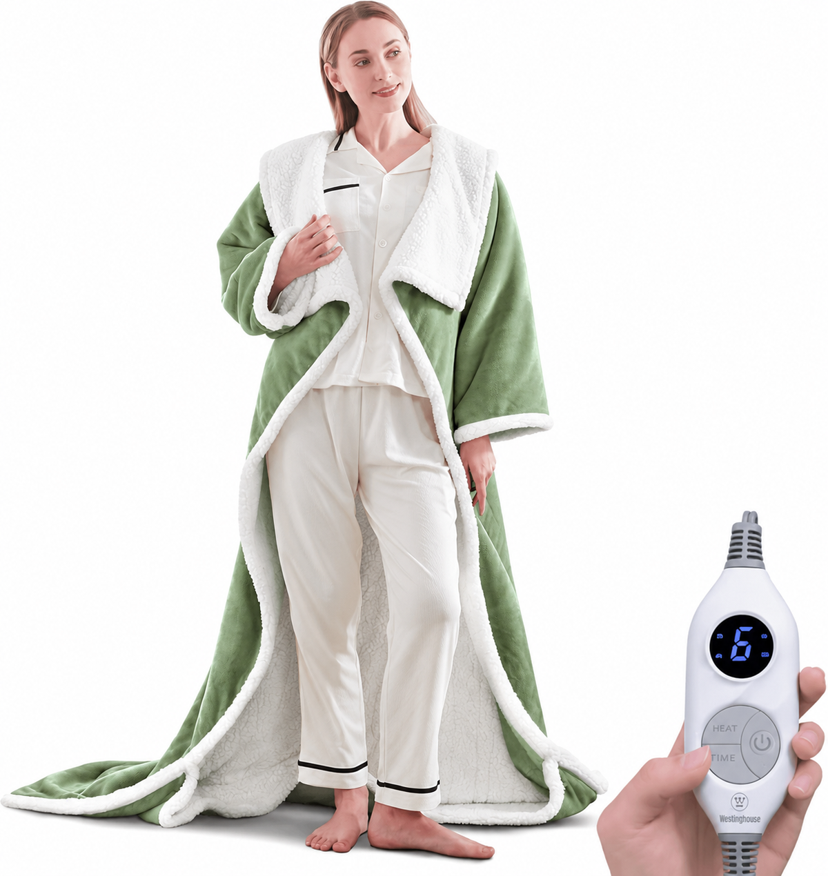 🔥 Wearable Heated Sherpa Blanket with Foot Pocket – Cozy Warmth & Auto Shut-Off