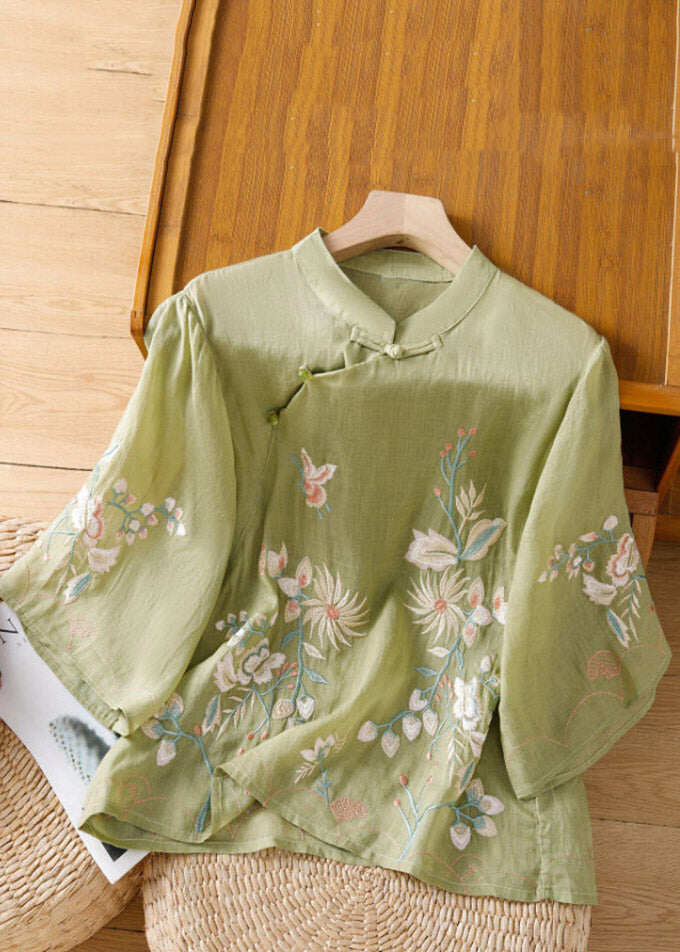 Chinese Style Apricot Embroidered Floral Button Shirt Spring