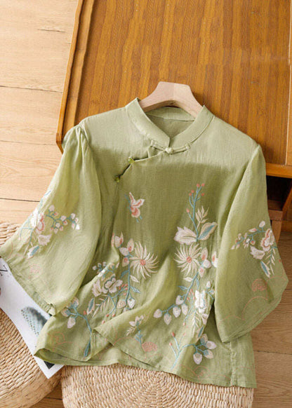 Chinese Style Apricot Embroidered Floral Button Shirt Spring