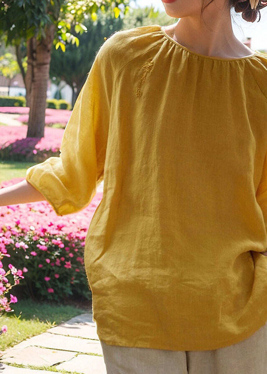 Simple Yellow Embroidered Low High Design T Shirt Three Quarter Sleeve
