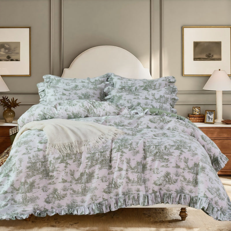 Duvet Cover Set - Pastoral Toile Ruffle