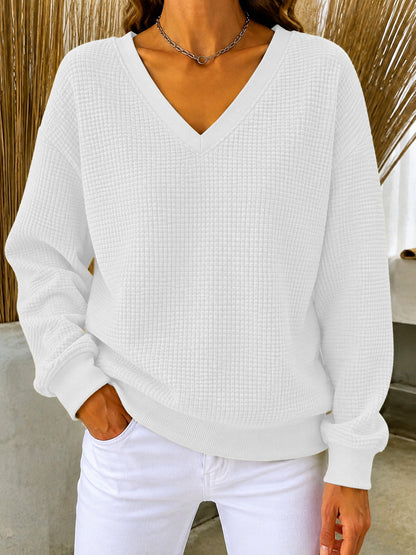 CLEARANCE SALE🔥Women's V‑Neck Waffle Knit Sweatshirt, Loose Long Sleeve Casual Blouse