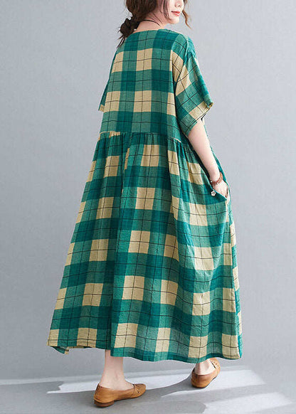 Loose Green Plaid Wrinkled Patchwork Long Dresses Summer