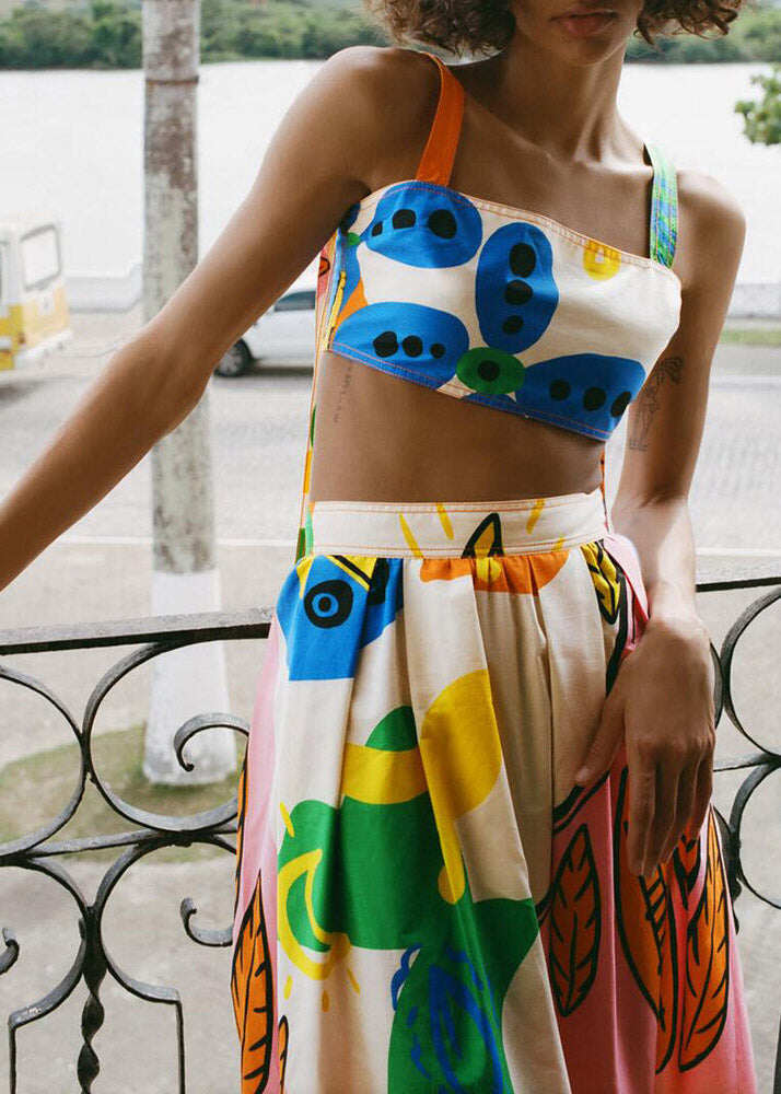 Italian Print Vest And A Line Skirts Two Piece Set Summer