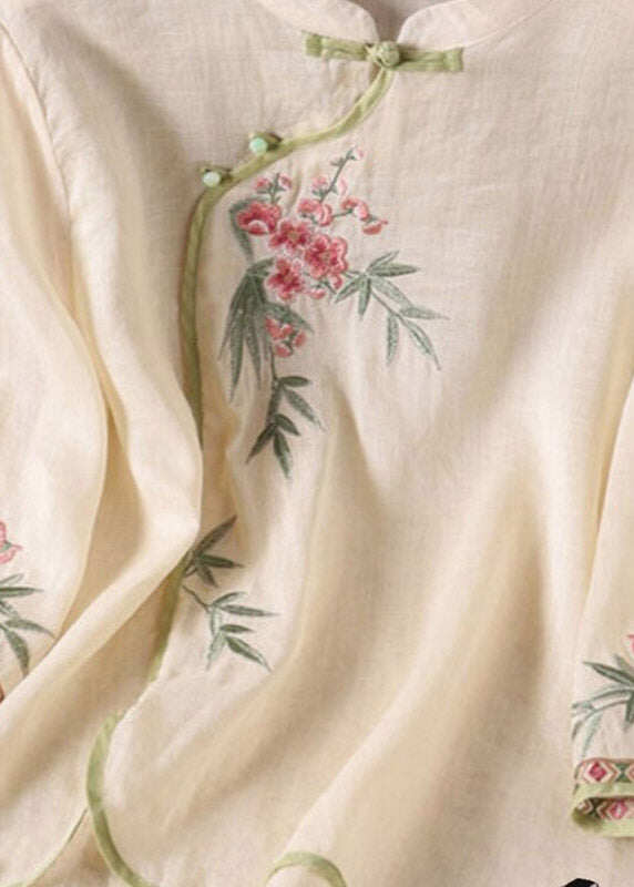 Chinese Style Apricot Stand Collar Embroidered Tops Spring