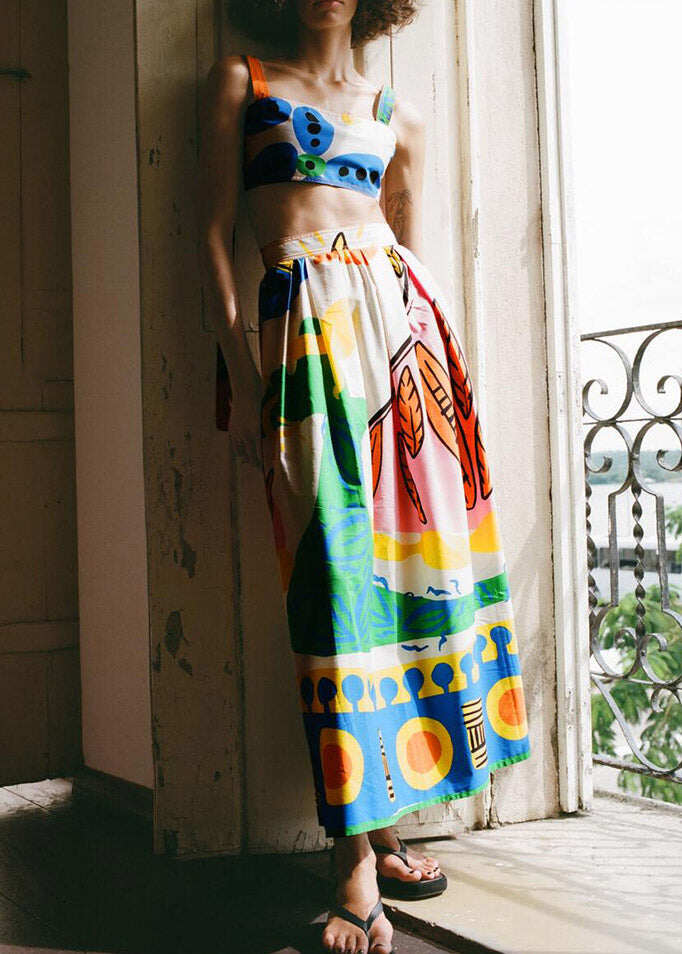 Italian Print Vest And A Line Skirts Two Piece Set Summer