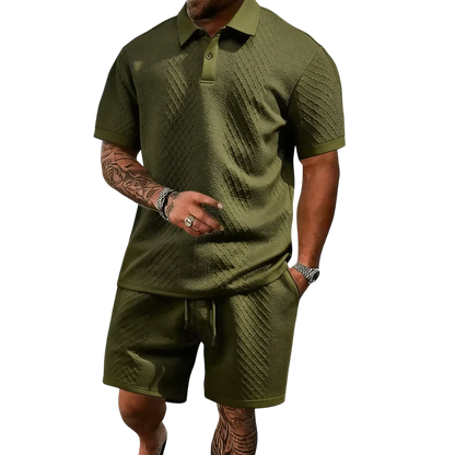 Men's Casual Solid-Color Polo Shirt and Shorts Two-Piece Set