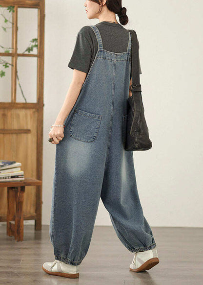 Blue Patchwork Casual Denim Jumpsuit Pockets Spring