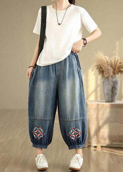 Loose Blue Embroidered Pockets Denim Crop Pants Summer