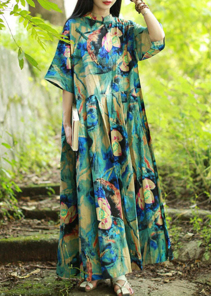 Vintage Blue Stand Collar Print Long Dress Short Sleeve
