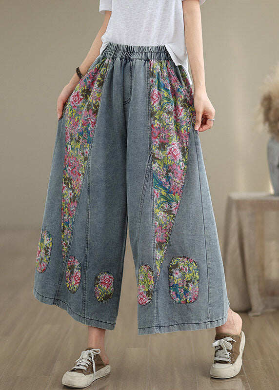 Casual Blue Pockets Print Elastic Waist Denim Crop Wide Leg Pants Summer