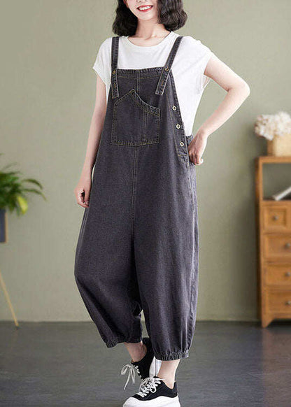 Black Pockets Patchwork Denim Overalls Jumpsuit Summer