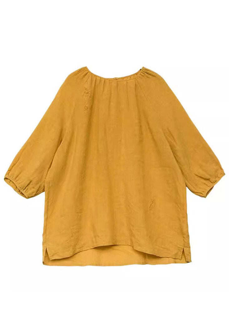Simple Yellow Embroidered Low High Design T Shirt Three Quarter Sleeve