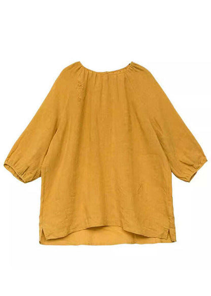 Simple Yellow Embroidered Low High Design T Shirt Three Quarter Sleeve