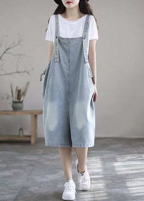 Boutique Light Blue Pockets Denim Half Jumpsuits Summer