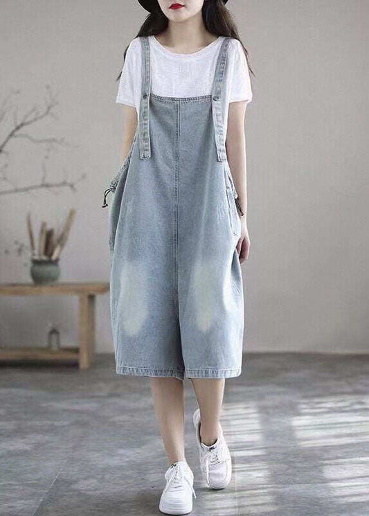 Boutique Light Blue Pockets Denim Half Jumpsuits Summer