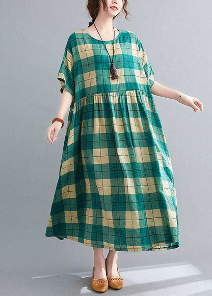 Loose Green Plaid Wrinkled Patchwork Long Dresses Summer