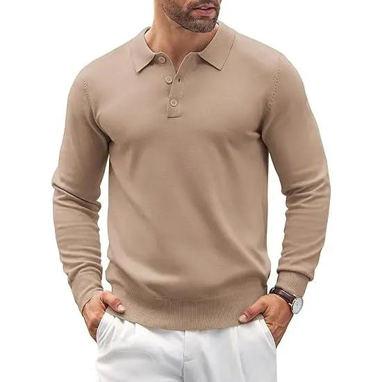 Men's Long Sleeve Knit Polo - Casual Button Down Golf Shirts for Men Formal Quarter